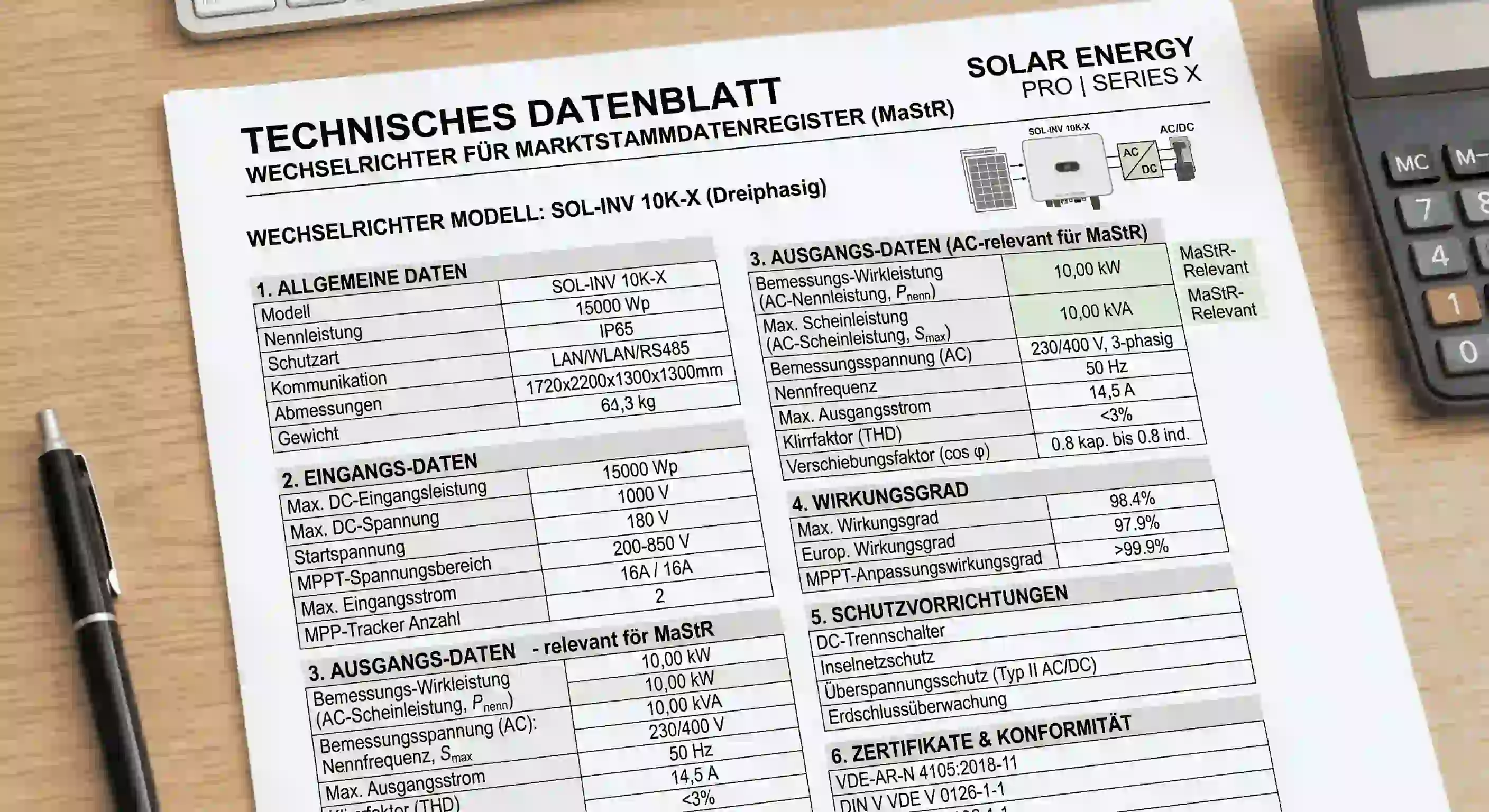 Wechselrichter Datenblatt mit Leistungsangaben für Marktstammdatenregister