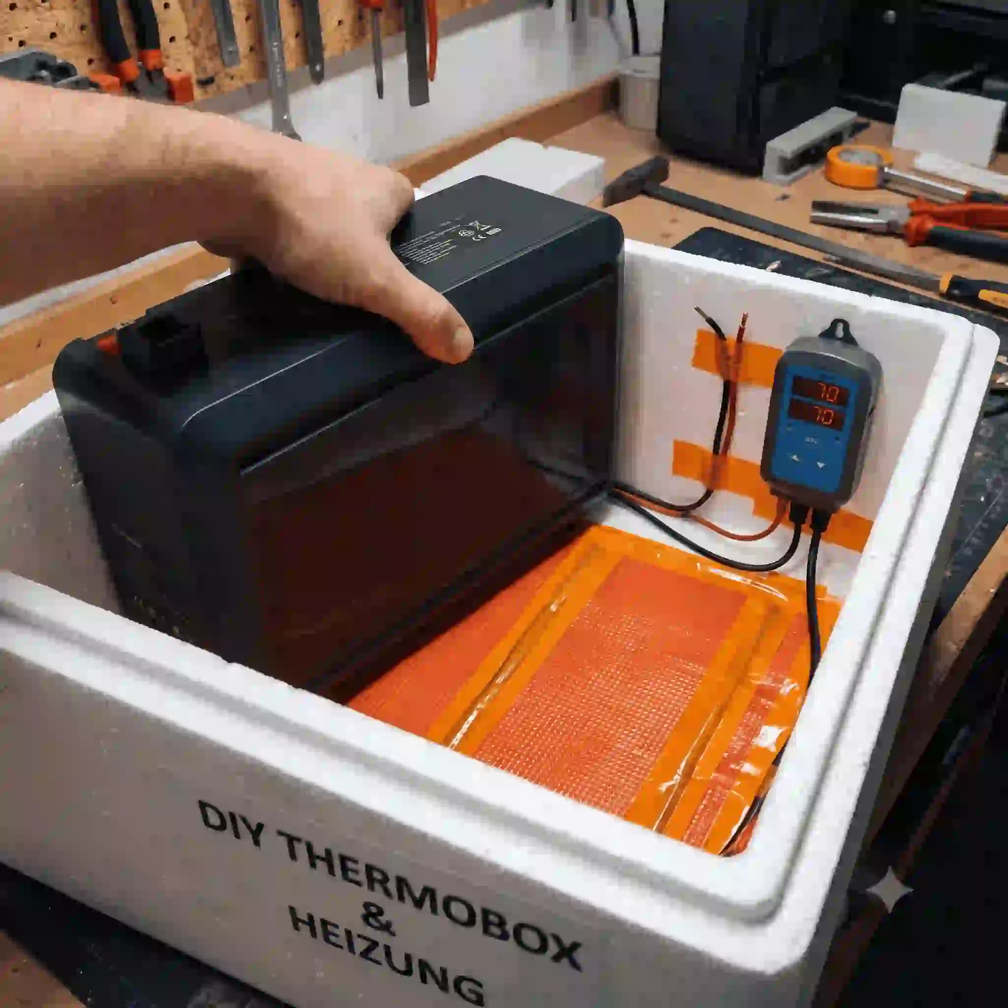 Gedämmte Thermobox für Solarspeicher im Winterbetrieb: Ein Growatt Noah 2000 Akku wird in eine EPP-Isolierbox mit integrierter Heizmatte und Inkbird-Thermostat eingesetzt.